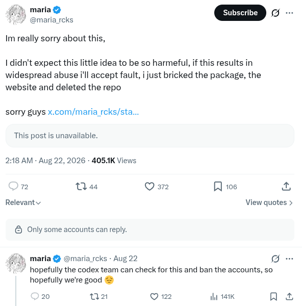 Maria’s apology and call to ban users of her tool